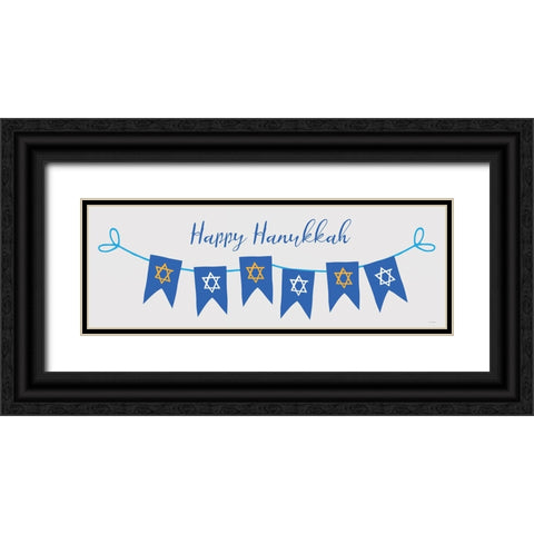 Happy Hanukkah Banner Black Ornate Wood Framed Art Print with Double Matting by Yass Naffas Designs