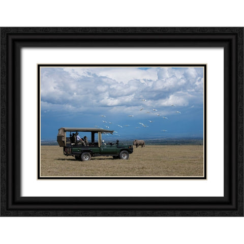 Africa-Kenya-Ol Pejeta Conservancy-Safari jeep with Southern white rhinoceros-Ceratotherium simum Black Ornate Wood Framed Art Print with Double Matting by Hopkins, Cindy Miller