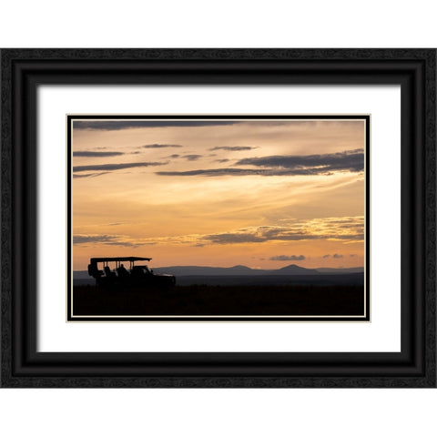 Africa-Kenya-Northern Serengeti Plains-Maasai Mara-Mara sunrise with safari jeep silhouette Black Ornate Wood Framed Art Print with Double Matting by Hopkins, Cindy Miller