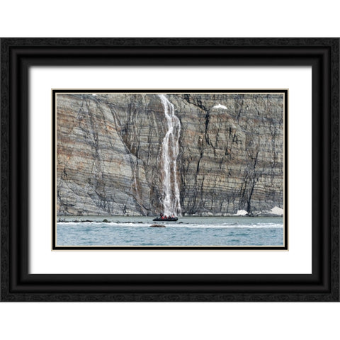 Zodiac approaching waterfall and king penguins on the beach-Gold Harbour-South Georgia-Antarctica Black Ornate Wood Framed Art Print with Double Matting by Su, Keren