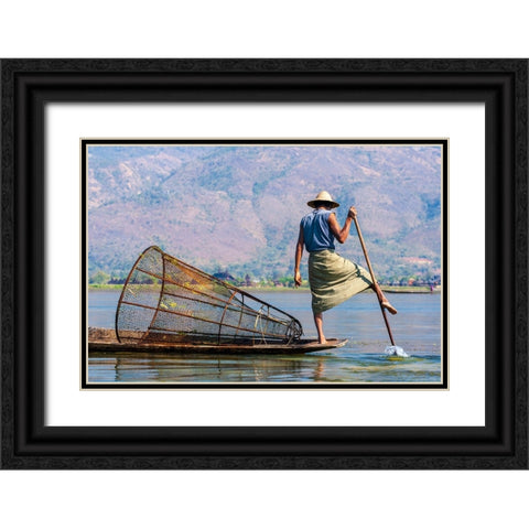 Inlay Lake-Shan State-Myanmar-Fisherman balances between his canoe and pole Black Ornate Wood Framed Art Print with Double Matting by Haseltine, Tom