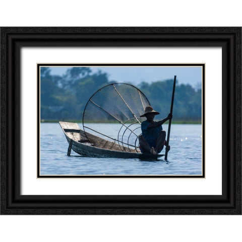 Inlay Lake-Shan State-Myanmar-Fisherman poles his canoe Black Ornate Wood Framed Art Print with Double Matting by Haseltine, Tom