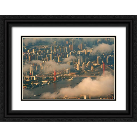 Aerial view of Shanghai-China Black Ornate Wood Framed Art Print with Double Matting by Su, Keren
