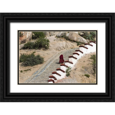 Monk walking the stairs in Drepung Monastery-Gelug university monasteries of Tibet-Lhasa-Tibet-China Black Ornate Wood Framed Art Print with Double Matting by Su, Keren