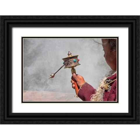 Tibetan girl-prayer wheel-Drepung Monastery-Gelug university monasteries of Tibet-Lhasa-Tibet-China Black Ornate Wood Framed Art Print with Double Matting by Su, Keren