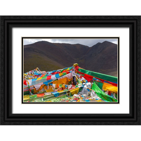 Prayer flags on Tibetan Plateau with Tanggula Mountain-Namtso-Lake Nam-Tibet-China Black Ornate Wood Framed Art Print with Double Matting by Su, Keren