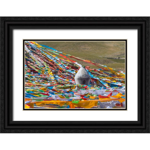 Prayer flags with juniper incense burner on Tibetan Plateau-Namtso-Lake Nam-Tibet-China Black Ornate Wood Framed Art Print with Double Matting by Su, Keren