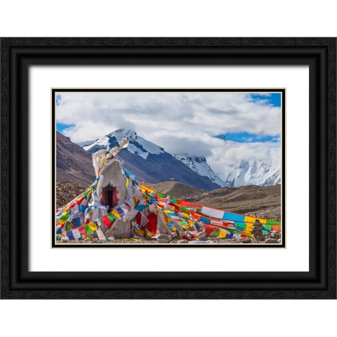 Mani pile and prayer flags in Rongbuk Valley-Lhotse peak-Mt-Everest-Shigatse Prefecture-Tibet-China Black Ornate Wood Framed Art Print with Double Matting by Su, Keren