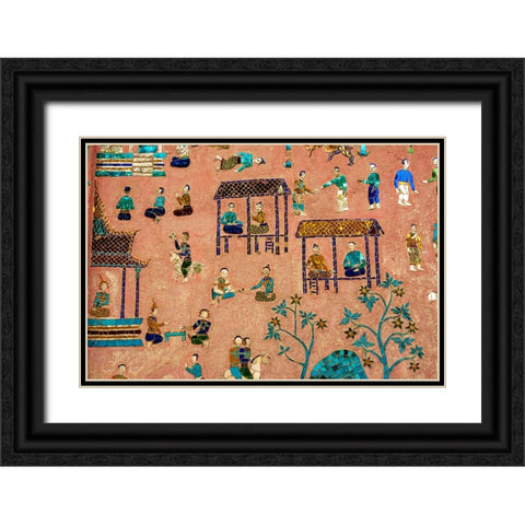 Laos-Luang Prabang-Detail of mosaic decorations depicting people on the side of a building Black Ornate Wood Framed Art Print with Double Matting by Haseltine, Tom