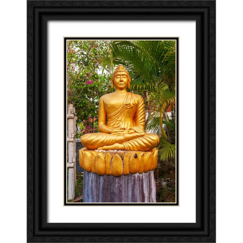 Laos- Luang Prabang. Golden Buddha statue with elongated earlobes. Black Ornate Wood Framed Art Print with Double Matting by Haseltine, Tom