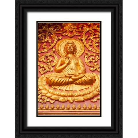Laos- Luang Prabang. Golden relief carving of Buddha. Black Ornate Wood Framed Art Print with Double Matting by Haseltine, Tom