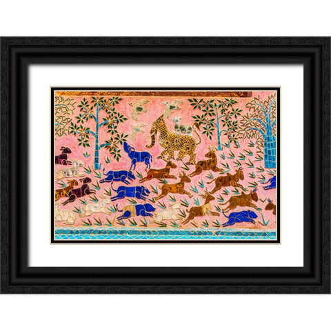 Laos- Luang Prabang. Mosaic mural depicting animals. Black Ornate Wood Framed Art Print with Double Matting by Haseltine, Tom