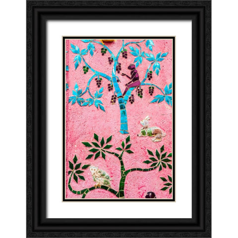 Laos- Luang Prabang. Mosaic mural depicting a monkey in a fruit tree. Black Ornate Wood Framed Art Print with Double Matting by Haseltine, Tom