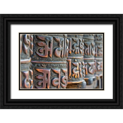 Bronze prayer wheels carved with Buddhist scripture-Swayambhunath-Kathmandu-Nepal Black Ornate Wood Framed Art Print with Double Matting by Su, Keren