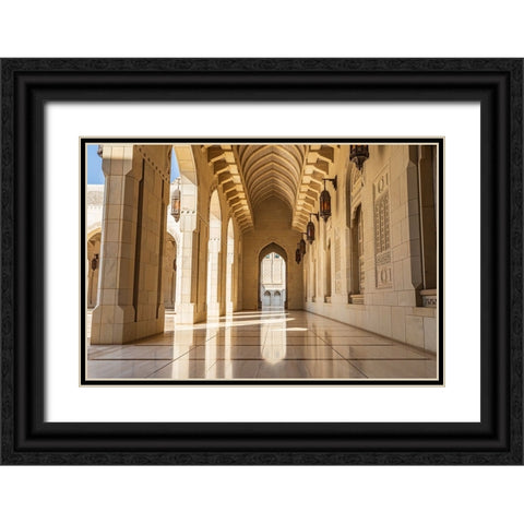 Middle East-Arabian Peninsula-Oman-Muscat-Exterior corridor of Sultan Qaboos Grand Mosque in Muscat Black Ornate Wood Framed Art Print with Double Matting by Wilson, Emily M.