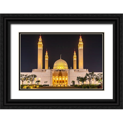 Middle East-Arabian Peninsula-Oman-Ad Dakhiliyah-Nizwa-Night view of the Sultan Qaboos Grand Mosque Black Ornate Wood Framed Art Print with Double Matting by Wilson, Emily M.