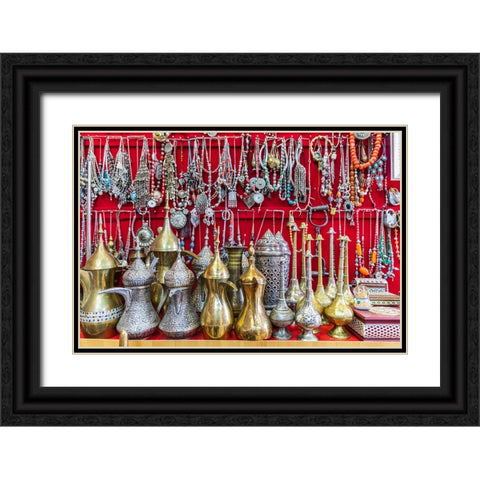 Middle East-Arabian Peninsula-Oman-Ad Dakhiliyah-Nizwa-Traditional tea pots and jewelry for sale Black Ornate Wood Framed Art Print with Double Matting by Wilson, Emily M.