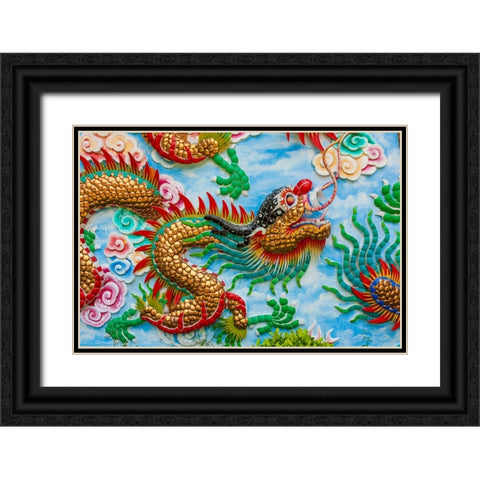 Bangkok- Thailand. Colorful relief of dragon or serpent. Black Ornate Wood Framed Art Print with Double Matting by Haseltine, Tom