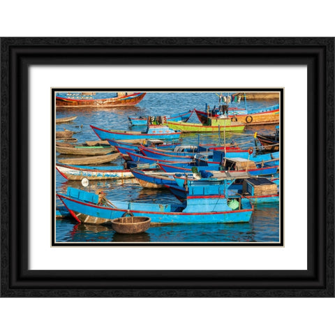 Distinctive red and blue fishing fleet in major fishing port of Nha Trang-South Central Vietnam Black Ornate Wood Framed Art Print with Double Matting by Haseltine, Tom