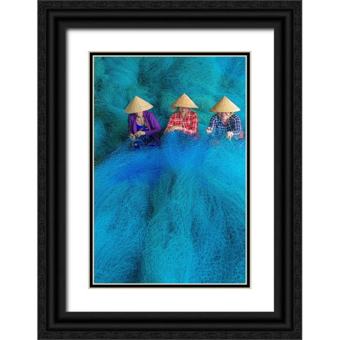 Vietnam-Women repairing fishing nets Black Ornate Wood Framed Art Print with Double Matting by Norring, Tom