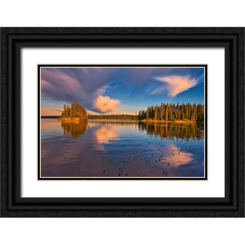 Canada- Manitoba- Paint Lake Provincial Park. Island on Paint Lake at sunrise. Black Ornate Wood Framed Art Print with Double Matting by Jaynes Gallery