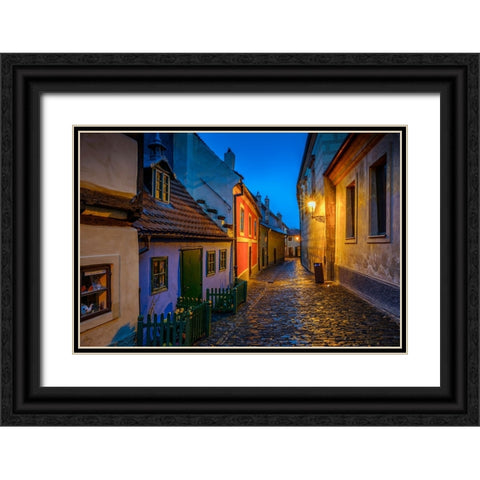 Europe-Czech Republic-Prague-Golden Lane buildings and street at night Black Ornate Wood Framed Art Print with Double Matting by Jaynes Gallery