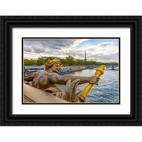 Paris. Nymphes de la Seine statue on Pont Alexandre III- along River Seine. Distant Eiffel Tower. Black Ornate Wood Framed Art Print with Double Matting by Wilson, Emily M.