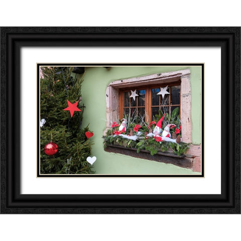 Riquewihr-France Village established 1400s in Alsace Region Window decorated Christmas ornaments Black Ornate Wood Framed Art Print with Double Matting by McRoberts, Julien