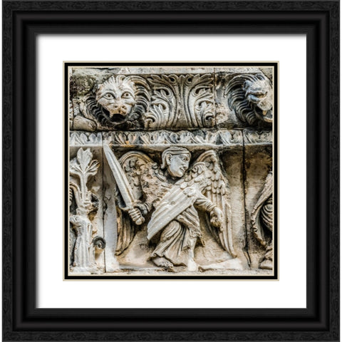 Saint Michael angel statue facade- Nimes Cathedral- Gard- France. Created 1100 AD- Black Ornate Wood Framed Art Print with Double Matting by Perry, William