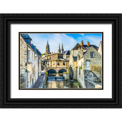 Colorful old buildings- Aure River reflection- Bayeux- Normandy- France Black Ornate Wood Framed Art Print with Double Matting by Perry, William