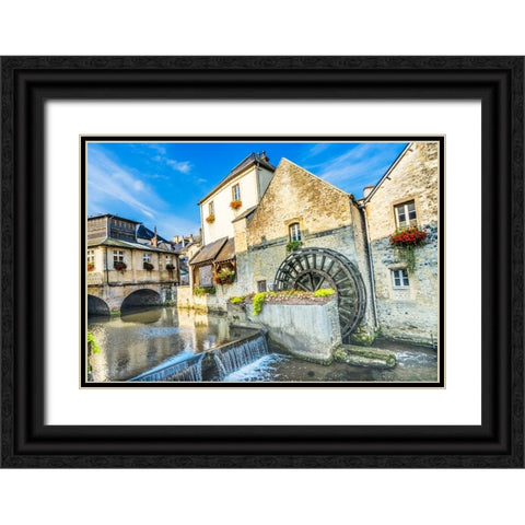Colorful old buildings- Aure River reflection- Bayeux- Normandy- France Black Ornate Wood Framed Art Print with Double Matting by Perry, William