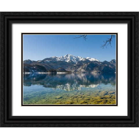 Lake Kochelsee at village Kochel am See during winter in the Bavarian Alps-Mt-Herzogstand in the ba Black Ornate Wood Framed Art Print with Double Matting by Zwick, Martin