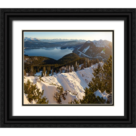 View towards lake Walchensee and the Karwendel mountain range-View from Mt-Jochberg near lake Walch Black Ornate Wood Framed Art Print with Double Matting by Zwick, Martin