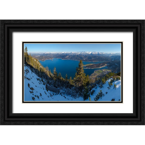 The view from Mt-Fahrenberg-Kopf towards lake Walchensee and Karwendel mountain range during winter Black Ornate Wood Framed Art Print with Double Matting by Zwick, Martin