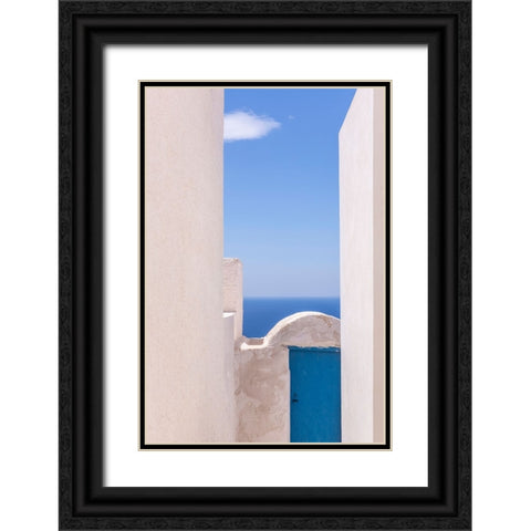 Europe-Greece-Thirasia-White building and blue door and ocean Black Ornate Wood Framed Art Print with Double Matting by Jaynes Gallery