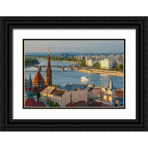 View from Castle Hill of the Margaret Bridge crossing the Danube River-Buda side-Central Budapest-C Black Ornate Wood Framed Art Print with Double Matting by Haseltine, Tom