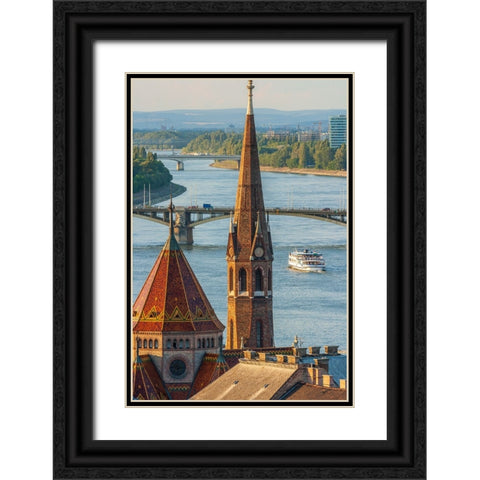 View from Castle Hill of the Margaret Bridge crossing the Danube River-Buda side-Central Budapest-C Black Ornate Wood Framed Art Print with Double Matting by Haseltine, Tom