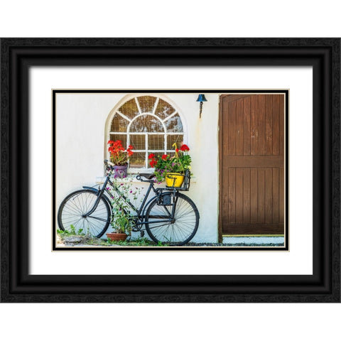 Europe-Ireland-County Cork-Bicycle next to house with potted plants Black Ornate Wood Framed Art Print with Double Matting by Jaynes Gallery