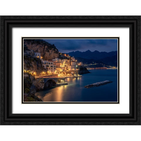 Europe-Italy-Atrani-Sunset on town and Amalfi Coast Black Ornate Wood Framed Art Print with Double Matting by Jaynes Gallery