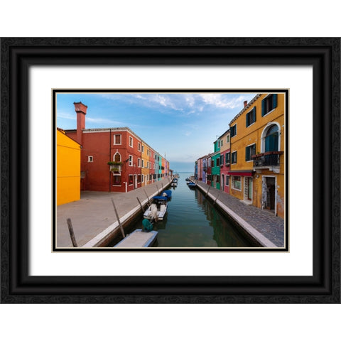 Europe-Italy-Venice-Houses and boats on canal in Burano Black Ornate Wood Framed Art Print with Double Matting by Jaynes Gallery