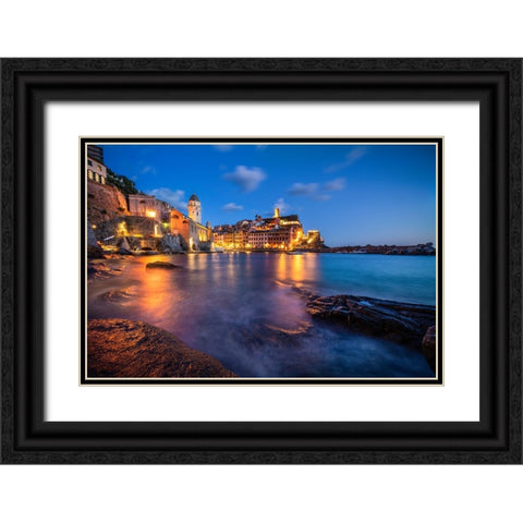 Europe-Italy-Vernazza-Landscape with village and ocean at sunset Black Ornate Wood Framed Art Print with Double Matting by Jaynes Gallery