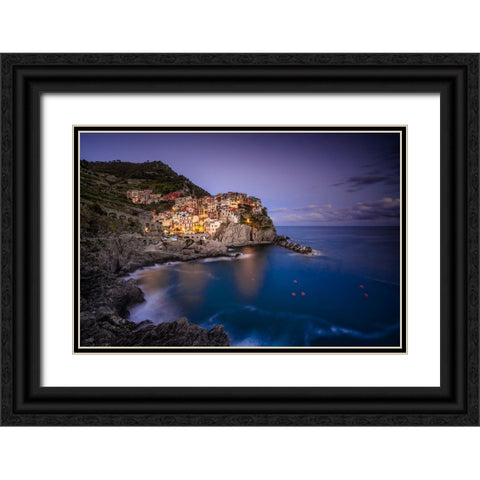 Europe-Italy-Manarola-Sunset coastline with town and ocean Black Ornate Wood Framed Art Print with Double Matting by Jaynes Gallery