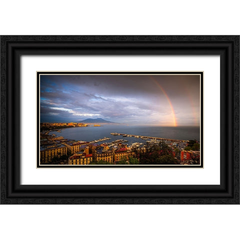 Europe-Italy-Naples-Overview of city and Mt-Vesuvius with rainbow Black Ornate Wood Framed Art Print with Double Matting by Jaynes Gallery