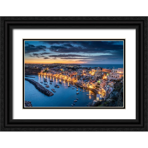 Europe-Italy-Procida-Overview of city and Marina Corricella at sunset Black Ornate Wood Framed Art Print with Double Matting by Jaynes Gallery