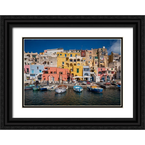 Europe-Italy-Procida-City houses and boats in Marina Corricella Black Ornate Wood Framed Art Print with Double Matting by Jaynes Gallery