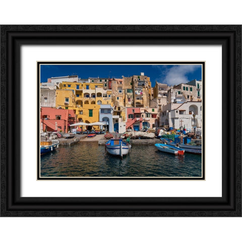 Europe-Italy-Procida-City houses and boats in Marina Corricella Black Ornate Wood Framed Art Print with Double Matting by Jaynes Gallery