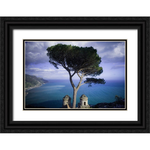 Europe-Italy-Ravello-Cypress tree and church domes overlook ocean Black Ornate Wood Framed Art Print with Double Matting by Jaynes Gallery