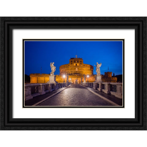 Europe-Italy-Rome-Bridge to Castel SantAngelo lit at night Black Ornate Wood Framed Art Print with Double Matting by Jaynes Gallery