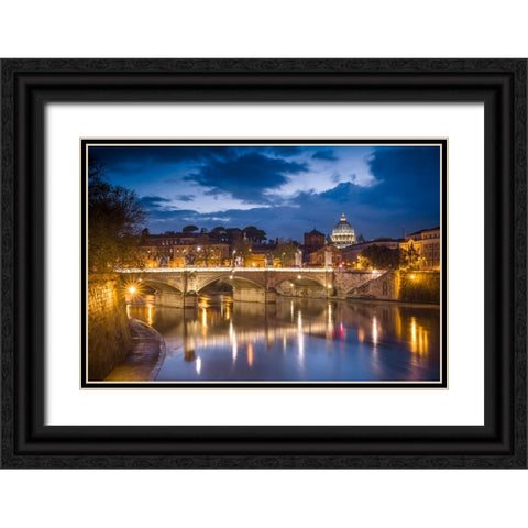 Europe-Italy-Rome-Dome of Sistine Chapel with Tiber River and bridge lit at sunset Black Ornate Wood Framed Art Print with Double Matting by Jaynes Gallery