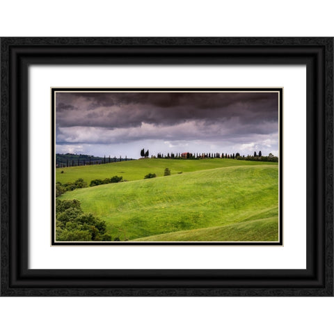 Europe-Italy-Tuscany-Val d Orcia-Farmland under stormy sky Black Ornate Wood Framed Art Print with Double Matting by Jaynes Gallery